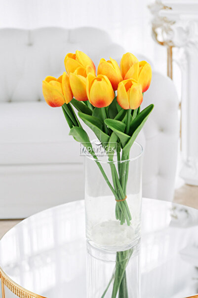 Yapay Çiçek Deposu باقة زهور التوليب الاصطناعية المكونة من 8 زهور ذات ملمس حقيقي بلون برتقالي ناري