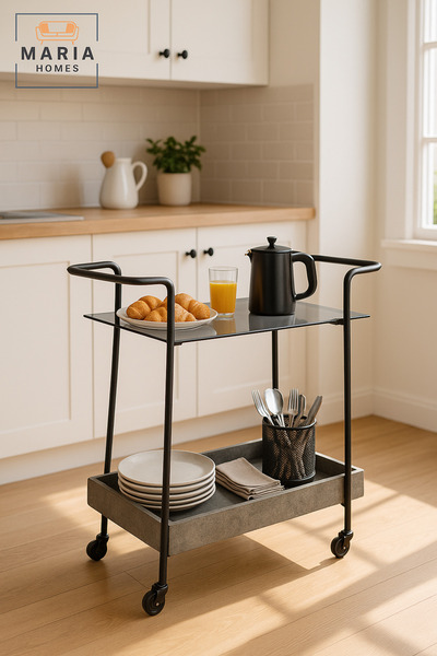 MARIA HOMES Gray Bar Trolley with Gray Glass Top – Modern Serving Cart with Wheels 70×45×85 cm