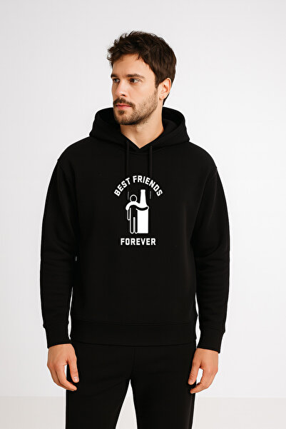 MODA Hanorac pentru bărbați Forever Best Friends Beer cu imprimeu negru cu gl...