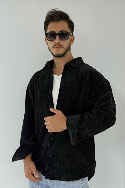 thesunfyre Cămașă pentru bărbați, oversize, cu mâneci lungi, din velur