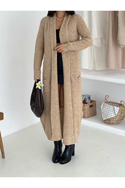 sportiness Double Pocket Shawl Collar Long Knitwear Fabric Cardigan