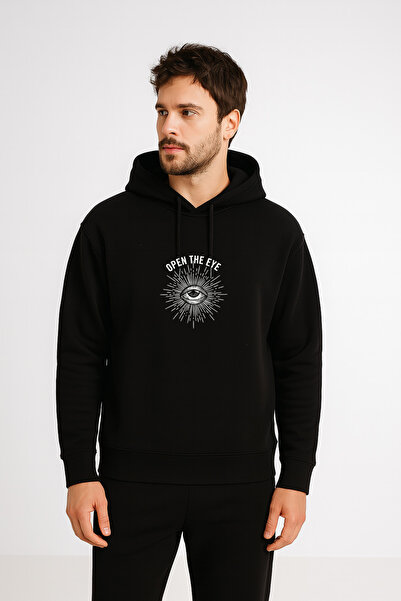 MODA Hanorac pentru bărbați Open The Eye cu imprimeu negru cu glugă Swea tricou
