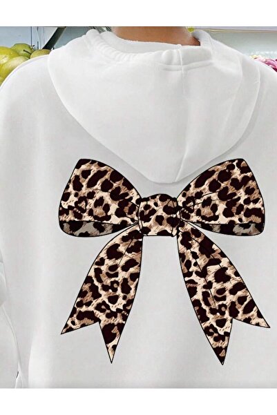 trendgar Білий леопард з бантиком на спині, капюшон, кишеня-кенгуру, світшот, худі