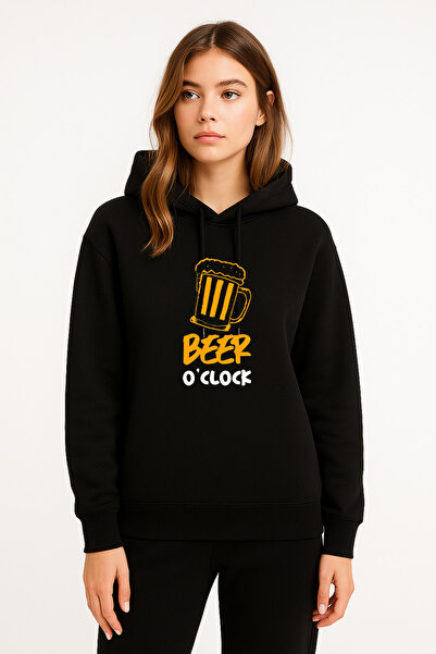 MODA Hanorac pentru femei Beer Clock Time cu imprimeu negru cu glugă Swea tricou