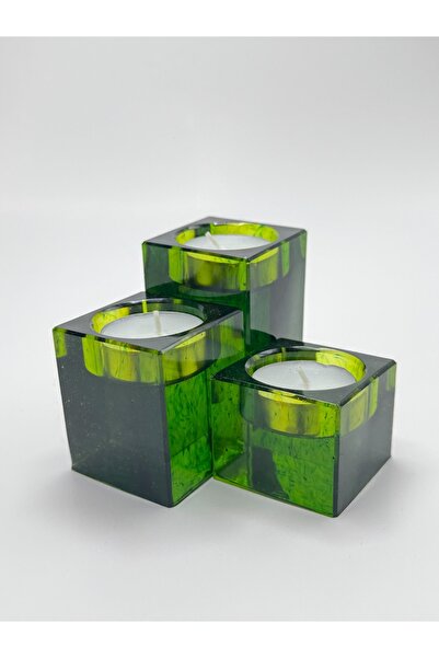 Epikoza El Yapımı Dekoratif 3'lü Modern Tealight Mumluk Yeşil
