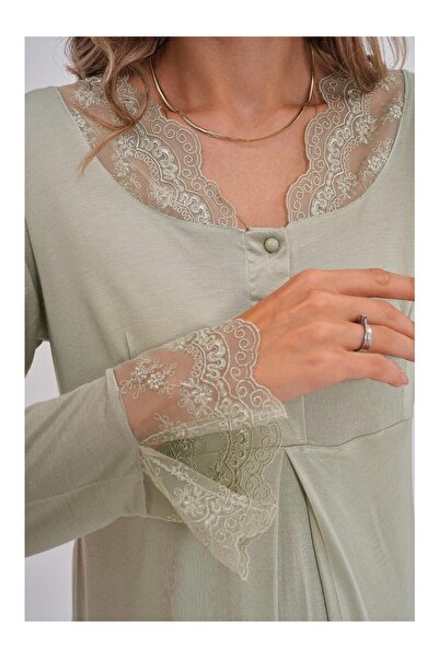 PREGNANT WORLD Women's Pistachio Green Special Design Lace Long Sleeve Cotton Maternity Pajama Set