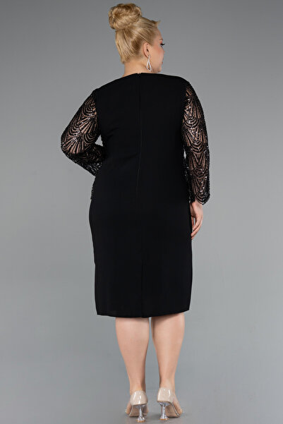 Abiyefon Siyah Taşlı Uzun Kol Midi Büyük Beden Davet Elbisesi ABK2417