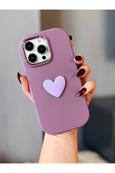 MİRAZ TASARIM IPHONE 14 PROMAX 3D KALP DEKORLU MOR YUMUŞAK KILIF