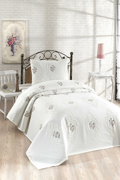 Çeyiz Diyarı Gardenlove Nakışlı Şönil 2 Parça Tek Kişilik Yatak Örtüsü Krem