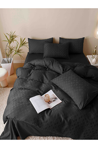 JOJO HOME Bed Linen, 2 Persons, 6 Pieces, Fine Jacquard, Black