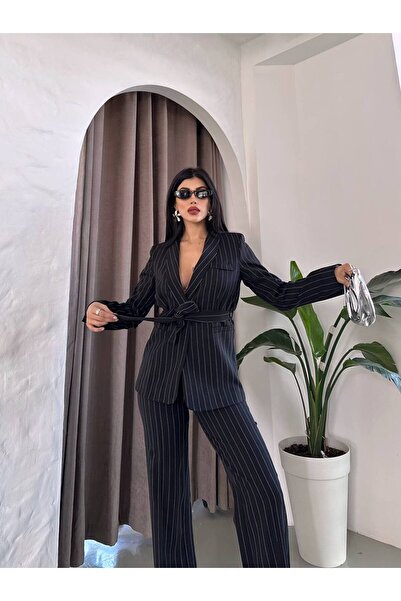 buqre's moda Women's Tie-Up Belted Shawl Collar Blazer Jacket Flared Leg Stretchy Pants Suit