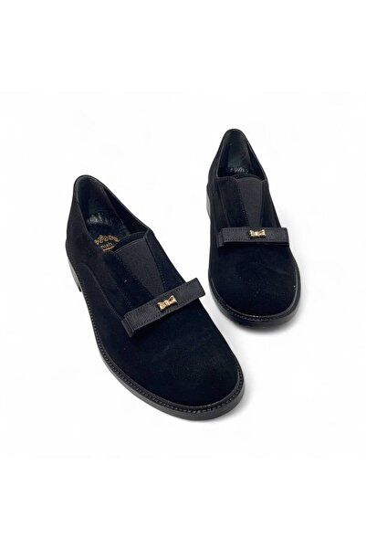 İST FİDAN KUNDURA Kadın Siyah Süet Fiyonk Detaylı Lastikli Rahat Giyim Hakiki...