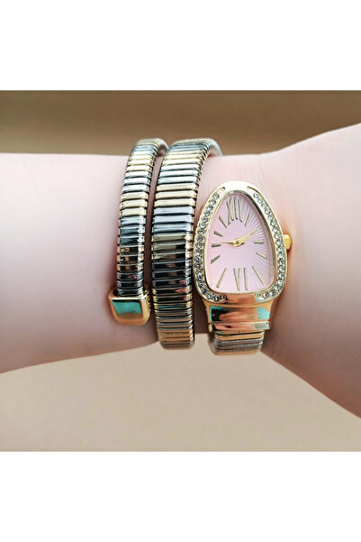 QUARTZ Yılan Model Lüks Kadın Kol Saati Çift Renk Kordonlu