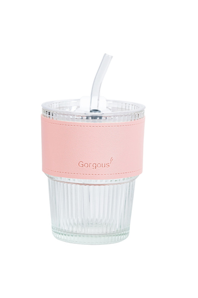 ONLY MUGS Gorgous Pink Glass – 450ml, ribbed glass with lid, straw and pink band