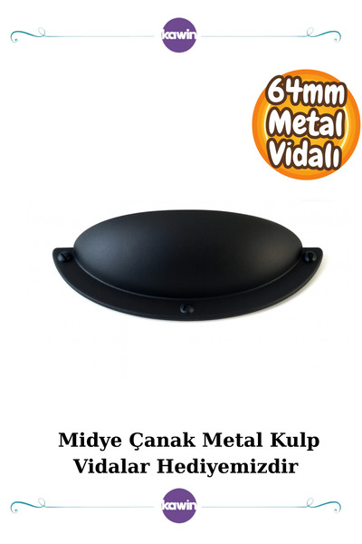 Kawin Metal Midye Kulp Tas 64mm (6.4cm) Mat Siyah Dolap Çekmece Vestiyer Mobilya Kulpu