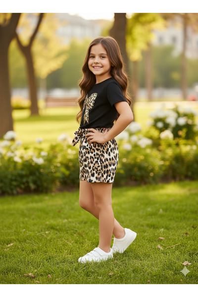 Selvira Set pantaloni scurți cu imprimeu leopard pentru fete - 3/7 ani