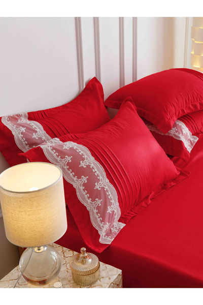 JOJO HOME Bed Sheets, 6 Pieces, Embroidered Hearts, Finet Premium, Red