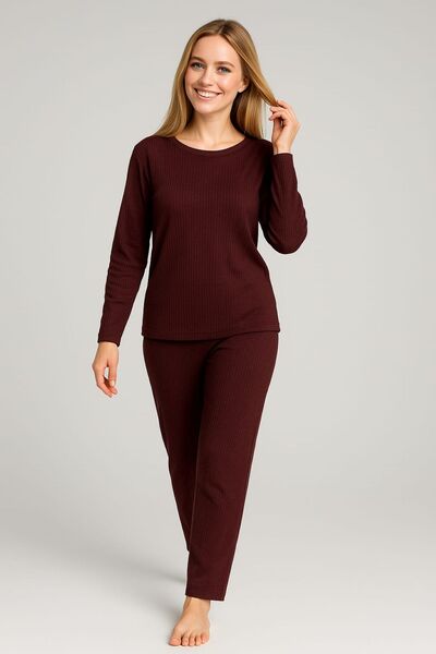 enmodaiçgiyim Burgundy Striped Women's Pajama Set – Long Sleeve, Comfortable Fit, Soft Fabric, Stretchy