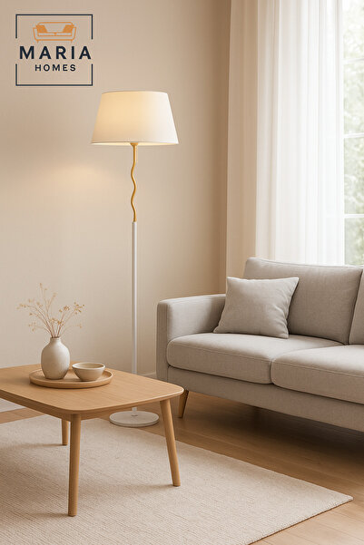 MARIA HOMES Modern White & Gold Floor Lamp with White Shade – Elegant Standing Light for Living Room & Bedroom