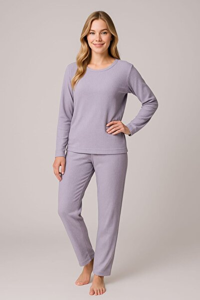 enmodaiçgiyim Lilac Striped Women's Pajama Set – Long Sleeve, Comfortable Fit, Soft Fabric, Stretchy
