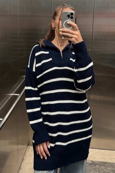 Noi Belis Pulover tricotat oversize cu fermoar pe jumătate cu dungi AW25KZ0037