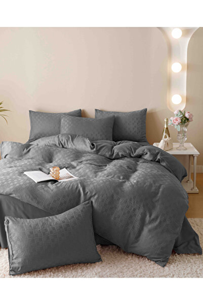 JOJO HOME Bed Linen, 2 Persons, 6 Pieces, Fine Jacquard, Dark Grey