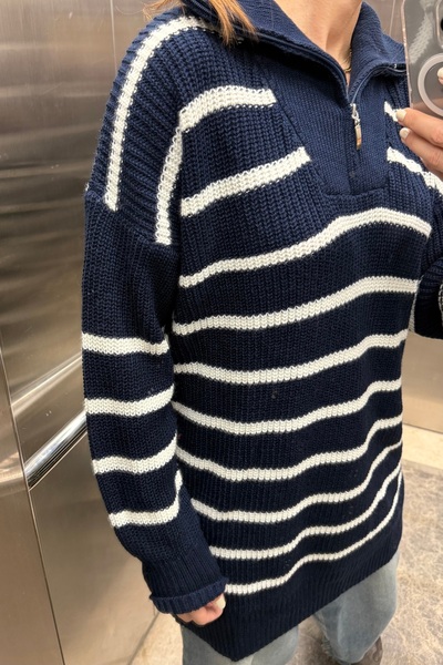 Noi Belis Смугастий напівзакритий светр з блискавкою Oversize Midi Boy Triko Kazak AW25KZ0037