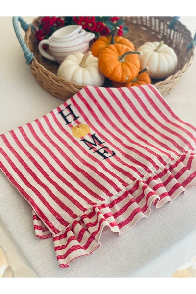 HOME OF BLOSSOM Red Striped Linen Embroidered Ruffle Detailed Kitchen Towel
