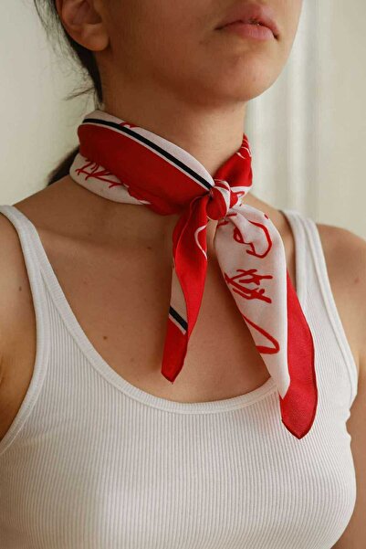Herşey Nota Double-Sided Usable Ataturk Signature Red and White Scarf 100% Cotton Scarf
