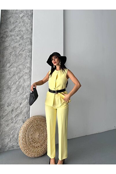 buqre's moda Women's Top and Bottom Set Stylish Button Belt Detailed Vest Pants Two Piece Set