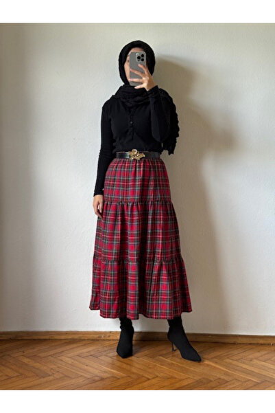Hiera Kırmızı Ekose Etek
