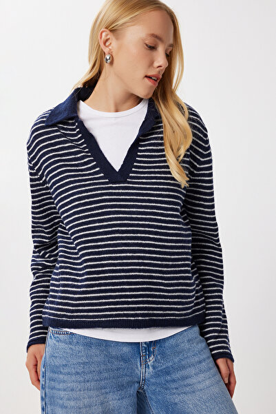 Lovelyİstanbul Pulover tricotat cu dungi cu guler polo LNS0085 ALBASTRU ÎNCHIS