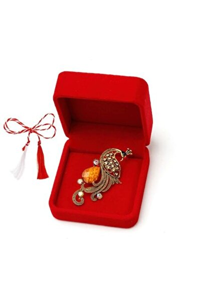 OEM Broșă mărțișor păun cu marcasite în cutie de catifea, portocalie