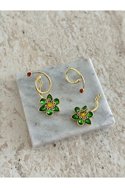 Bubbleatelier Çelik yeşil taş çiçek küpe