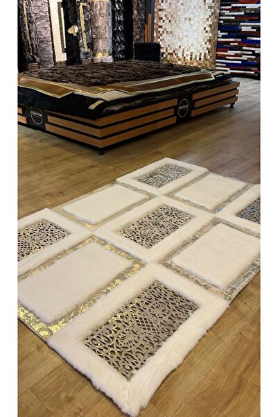 derihom fur carpet Beyaz Gold Detaylı Lazer Kesim Peluş Halı