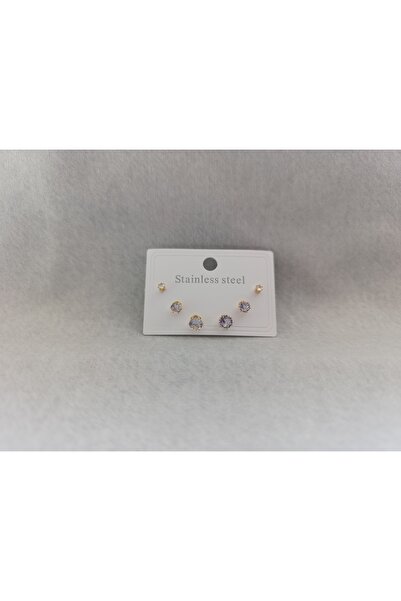 Ahsen Jewellery Gold Çelik 3'lü Taşlı Küpe VİP Seti