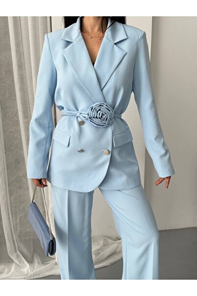 buqre's moda بدلة نسائية مكونة من سترة وبنطلون وسروال واسع مع تفاصيل زهرة وزر