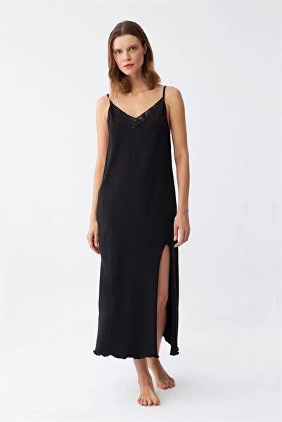 TOMMTONN Μόδα Γυναικείο Μακρύ Νυχτικό με Σχοινί Μαύρο