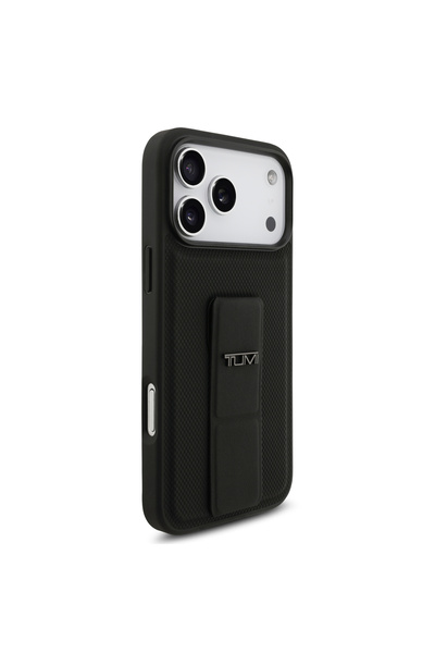 TUMI Leather iPhone 17 Pro Max case. iPhone 17 Pro Max case with a back grip for carrying the phone or installing it as a stand.