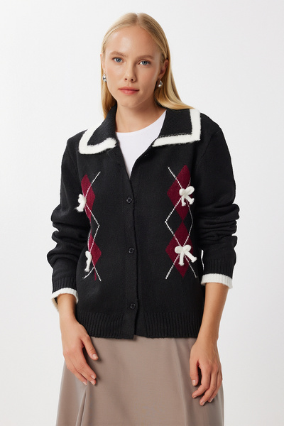 Lovelyİstanbul Baklava Patterned Bow Detailed Knitwear Cardigan Lmt0041 Black