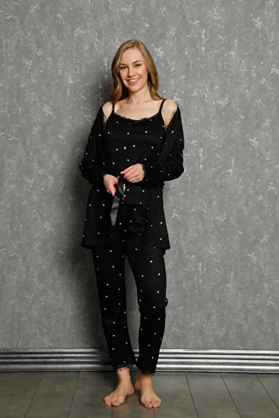 Akbeniz Μόδα Γυναικεία Σετ Πιτζάμες Πυτζάμες 3 τεμαχίων Μαύρο