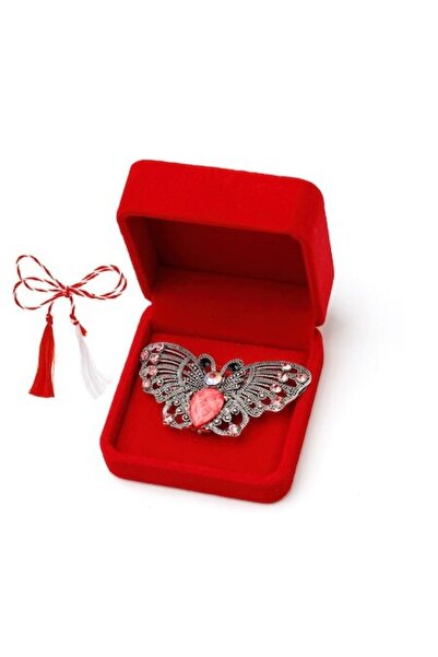 OEM Martisor brosa fluture cu marcasite in cutie de catifea, roz