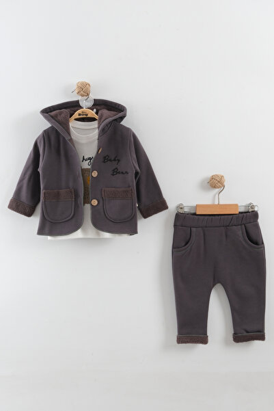 Mini Baray Baby boy bear print earflap cardigan t-shirt & pants 3-piece set