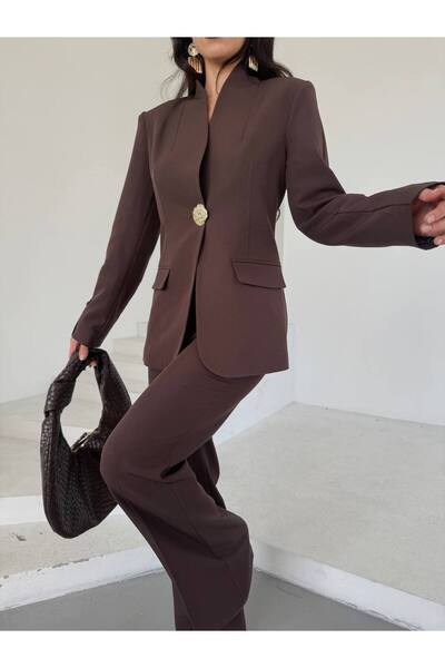 buqre's moda Χρυσό Σετ Μπλέιζερ με Μονό Κουμπί και Όρθιο Γιακά