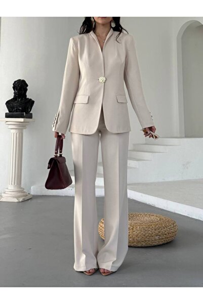 buqre's moda Χρυσό Σετ Μπλέιζερ με Μονό Κουμπί και Όρθιο Γιακά