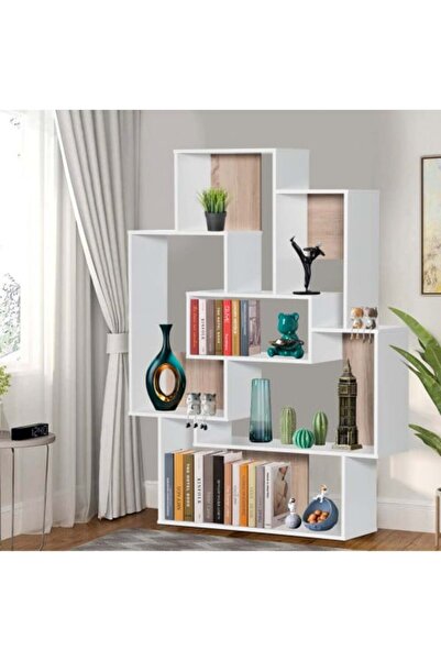 BAITY 10 Shelves Malaysian Wood Open Design Bookshelf - White and Wooden Color