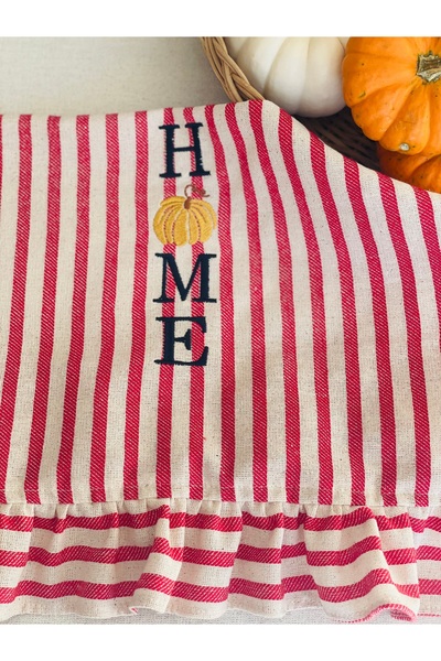 HOME OF BLOSSOM Red Striped Linen Embroidered Ruffle Detailed Kitchen Towel