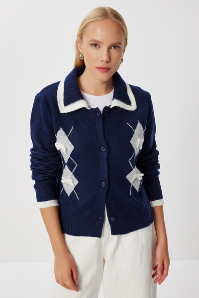Lovelyİstanbul Baklava Patterned Bow Detailed Knitwear Cardigan Lmt0041 Dark Blue