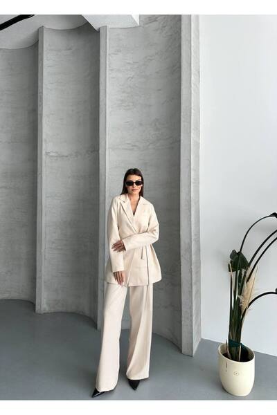 Bak'ap Premium Bağlama Bağcık Detaylı Blazer-Palazzo Pantolon 2'li Takım