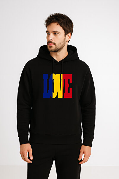 MODA Love Romania Romania cu imprimeu Hanorac negru pentru bărbați cu glugă Swea tricou